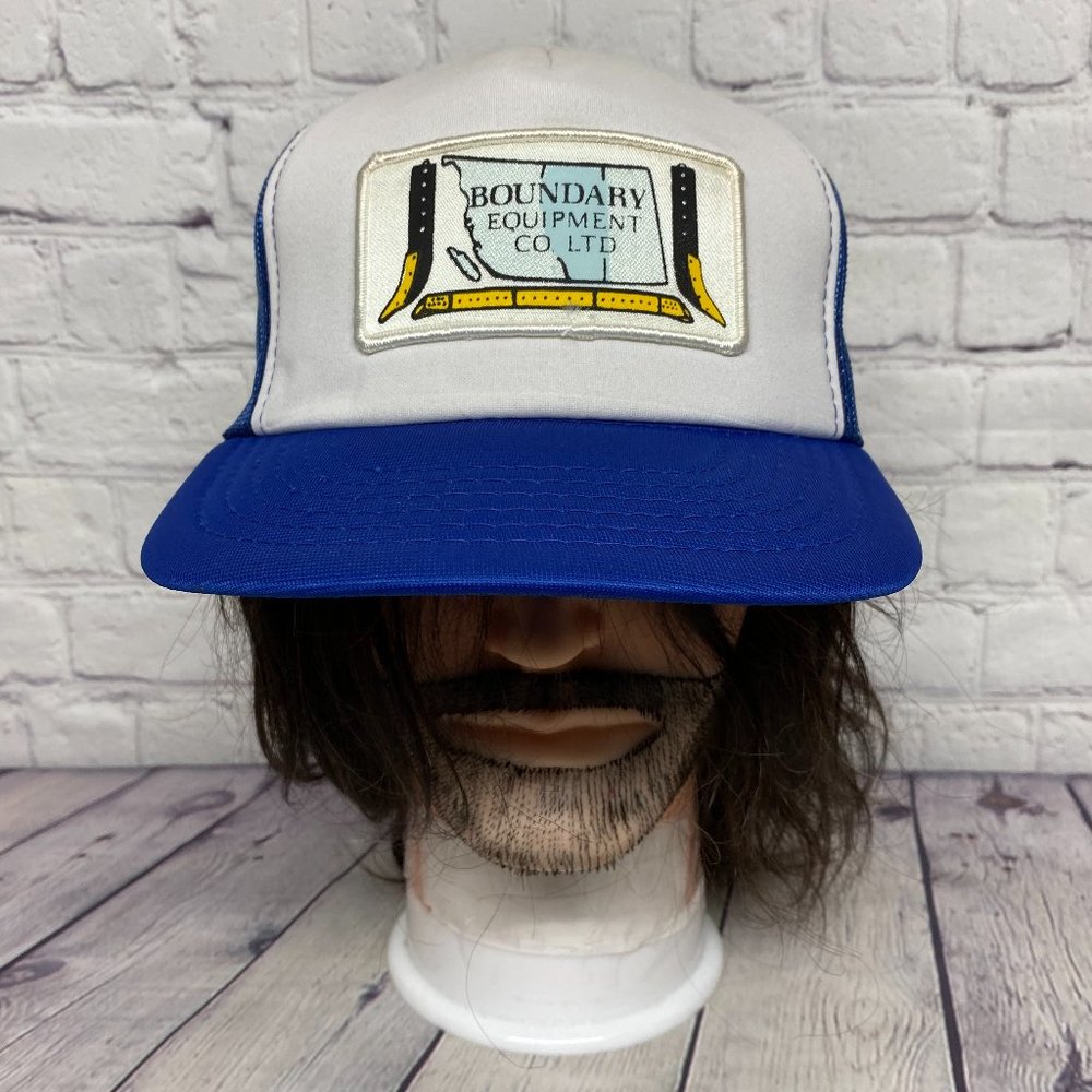 Vintage Trucker Hat Mesh Cap Snapback Blue White Boundary Equipment Patch Logo